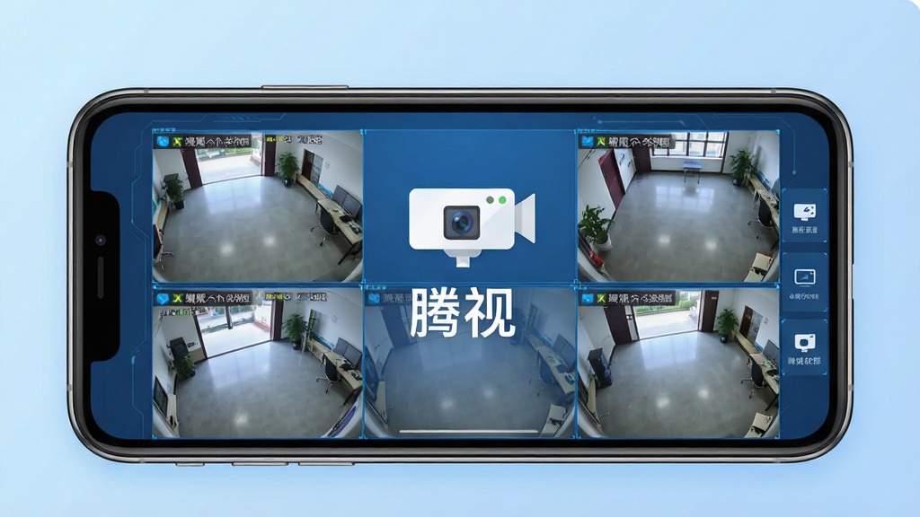 腾视软件主界面展示,画面中央为手机屏幕,屏幕中显示多路监控画面网格布局,画面中带有一个清晰的摄像头图标和