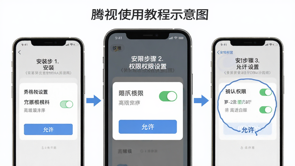 腾视使用教程示意图,画面主体为手机屏幕展示安装步骤和权限设置界面,屏幕中有