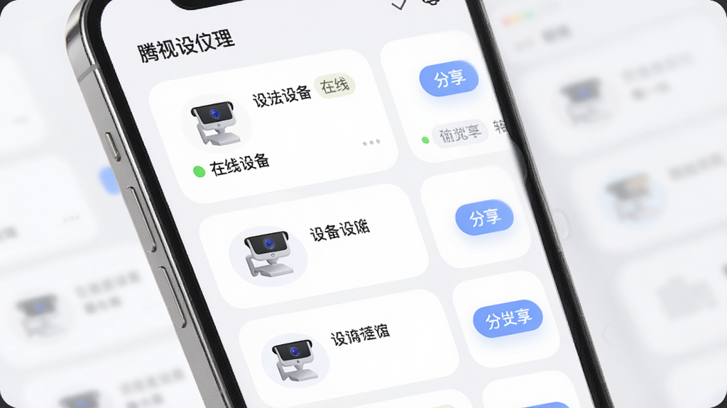 腾视多设备管理界面,画面主体为手机屏幕显示设备列表,列表中有多个摄像头图标和在线状态标签,布局为卡片式列表,排版规整,风格为柔和圆角设计,细节包含设备名称和分享按钮,画质高清,干净,无多余元素
