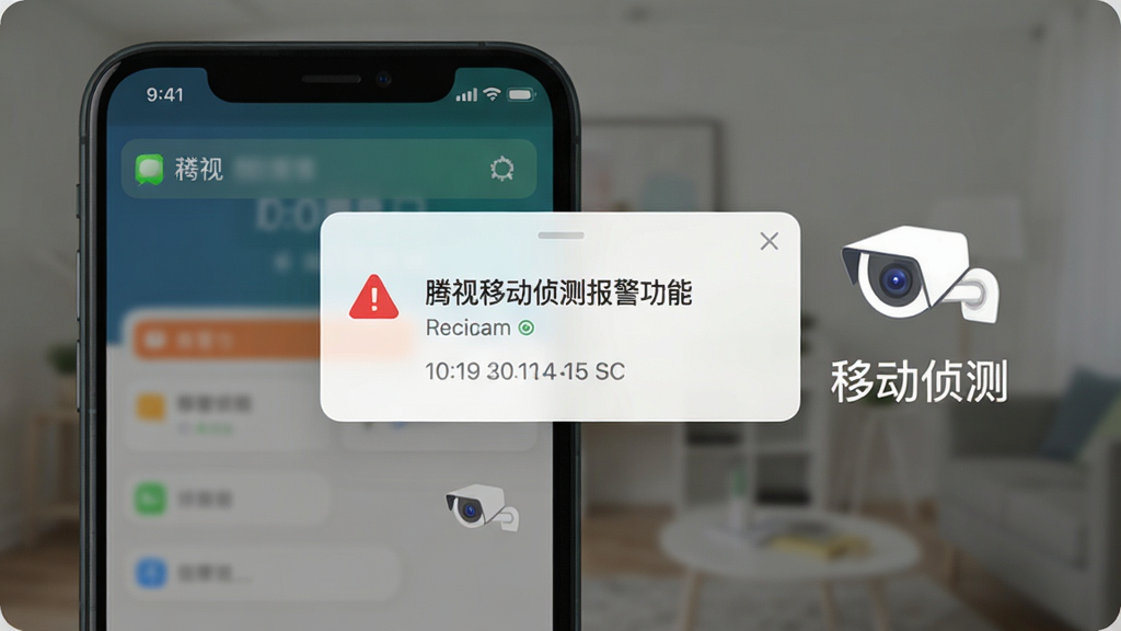 腾视移动侦测报警功能,画面主体为手机通知界面显示报警消息弹窗,旁边有摄像头图标和