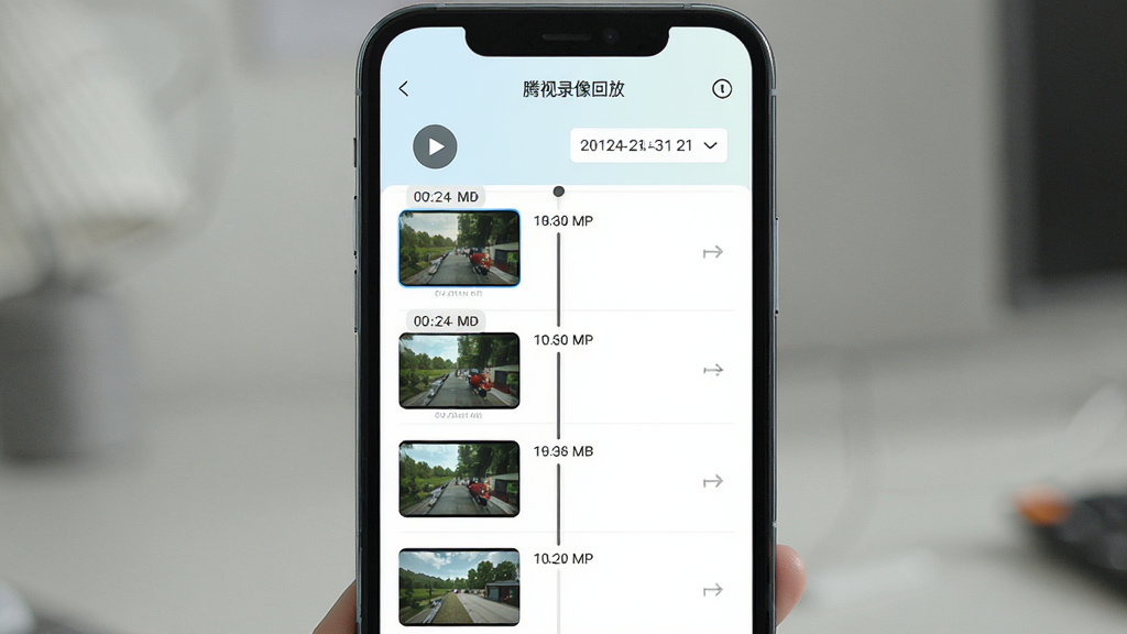 腾视录像回放界面,画面主体为手机屏幕显示时间轴和录像片段缩略图,屏幕中有播放按钮和日期选择器,布局为垂直列表结构,排版整齐,风格为清新浅色系设计,细节包含清晰的日期标签和进度条,画质高清,干净,无多余元素