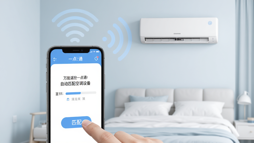 画面主体是一部手机,手机屏幕上显示万能遥控一点通APP正在自动匹配空调设备的进度界面,有信号波纹从手机顶部发出指向一台壁挂式空调;手机旁边有一只手指正准备点击屏幕上的“匹配”按钮;背景为简约的卧室墙面,风格为清爽的UI界面展示图,色彩以白色和浅蓝色为主,排版干净整洁,画质清晰,无多余元素。