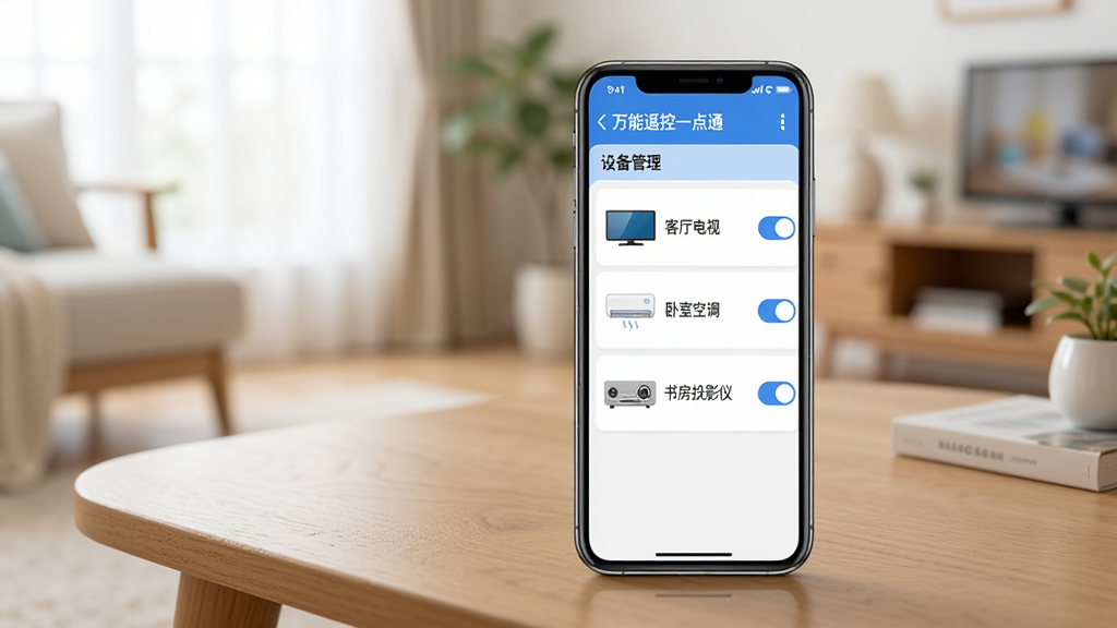 画面主体是一部手机,手机屏幕上显示万能遥控一点通APP的设备管理列表,列表中有“客厅电视”“卧室空调”“书房投影仪”等条目,每个条目带有对应家电的小图标和开关按钮;手机放置在木质茶几上,背景是模糊的客厅环境,风格为写实产品展示图,光线明亮柔和,排版清晰,画质干净,无多余元素。