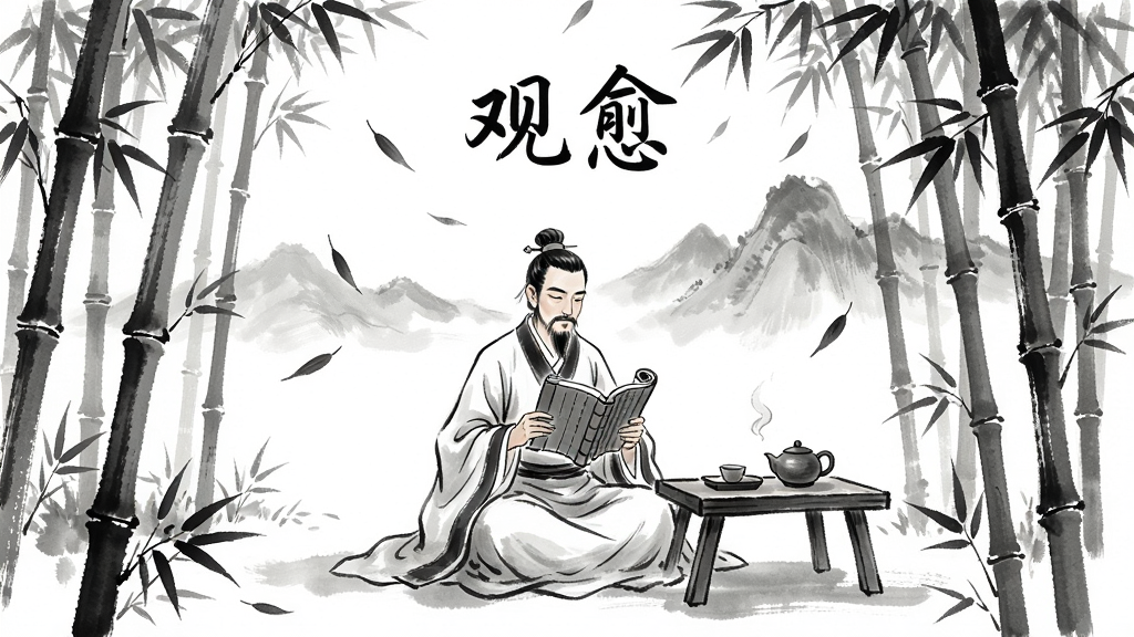 一幅宁静的山水画卷,画面主体为一位古人坐在竹林中阅读书卷,布局采用中心构图,排版上留白较多以体现禅意,风格为中国传统水墨画,细节包含飘落的竹叶、远处的山峦、案几上的茶具,画质清晰,干净,无多余元素,画面中打文字“观愈”,文字需清晰可见。