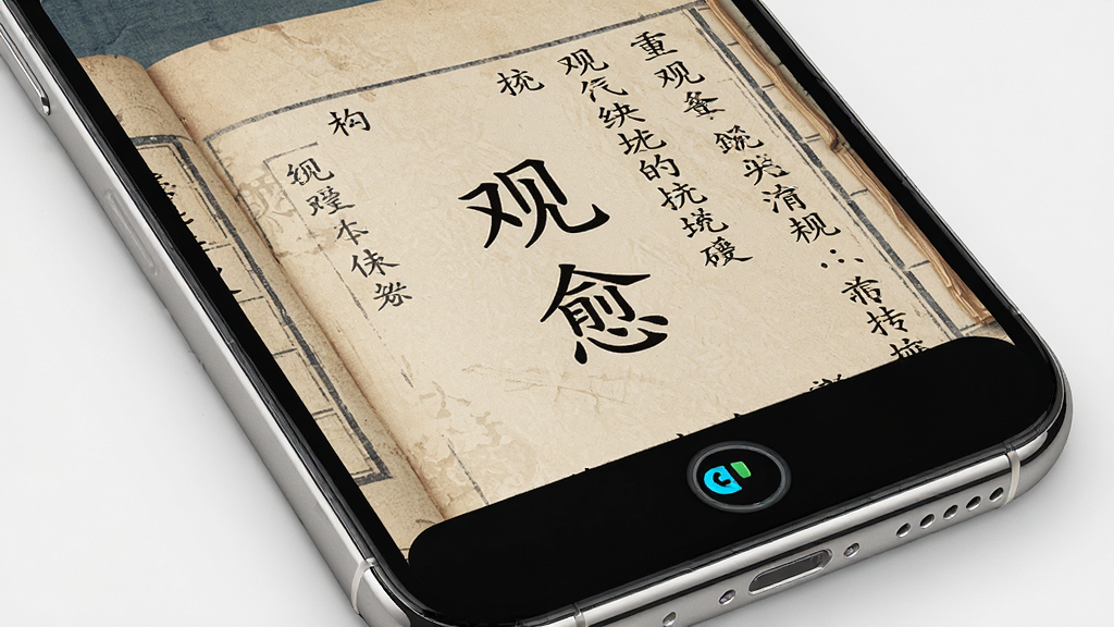 一个手机屏幕的特写,屏幕中显示着古色古香的书籍页面,页面文字为竖排繁体中文,布局为手机居中放置,排版简洁,风格为现代科技与古典文化的结合,细节包含手机边缘的金属光泽、屏幕上的护眼模式图标,画质高清,干净,无多余元素,屏幕中打文字“观愈”。
