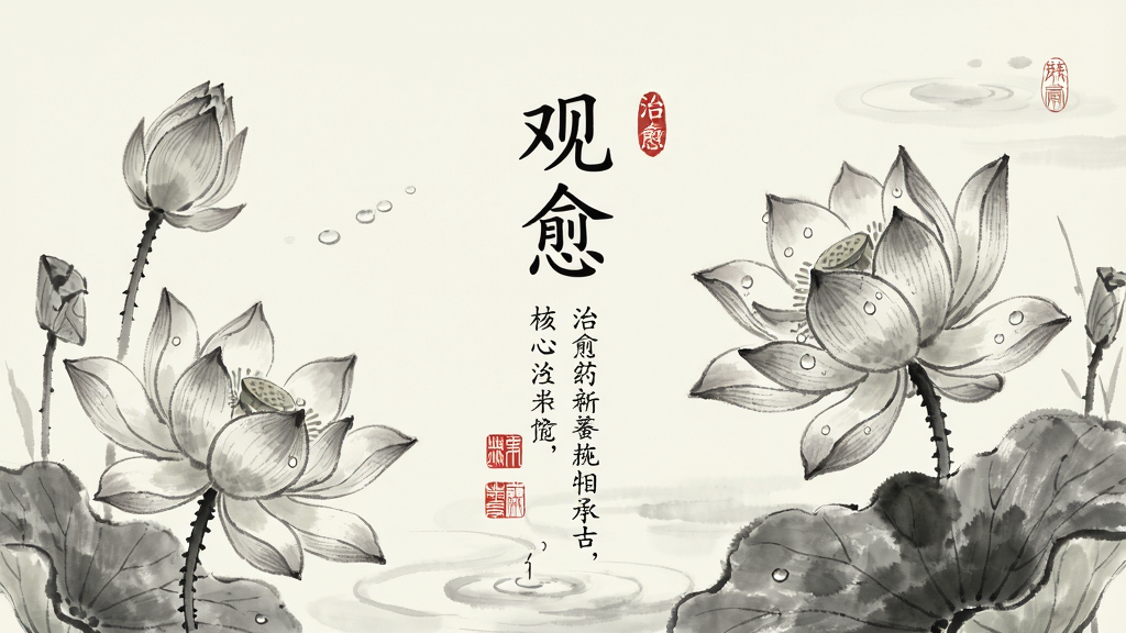 一张精美的手机壁纸,壁纸背景为淡雅的水墨荷花,画面中央有一句竖排的国学名言,布局为居中排版,风格为清新雅致,细节包含荷花的纹理、水珠、印章元素,画质清晰,干净,无多余元素,文字内容为“观愈”和一句治愈语录。