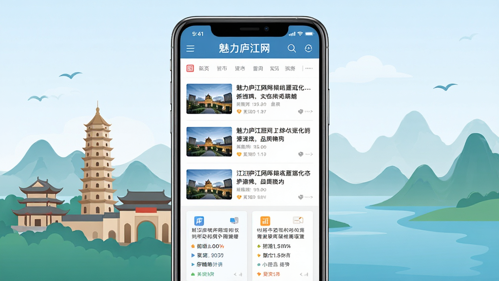 一张展现庐江城市风貌的竖版手机应用界面效果图,画面中央是一部智能手机,屏幕上显示着“魅力庐江网”的资讯首页,包含新闻列表和招聘信息卡片,背景是庐江县地标建筑与山水轮廓的融合,主体清晰,布局居中,排版简洁,风格现代扁平化,细节包含图标和文字占位,画质高清,干净,无多余元素