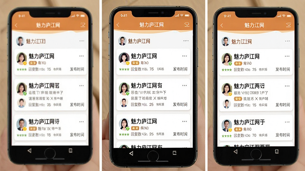 一张展示论坛帖子列表的手机界面图,屏幕中显示“魅力庐江网”论坛版块,帖子标题、回复数和发布时间排列有序,布局为卡片式列表,风格温馨社区感,细节有用户头像和等级标识,画质清晰,干净,无多余元素