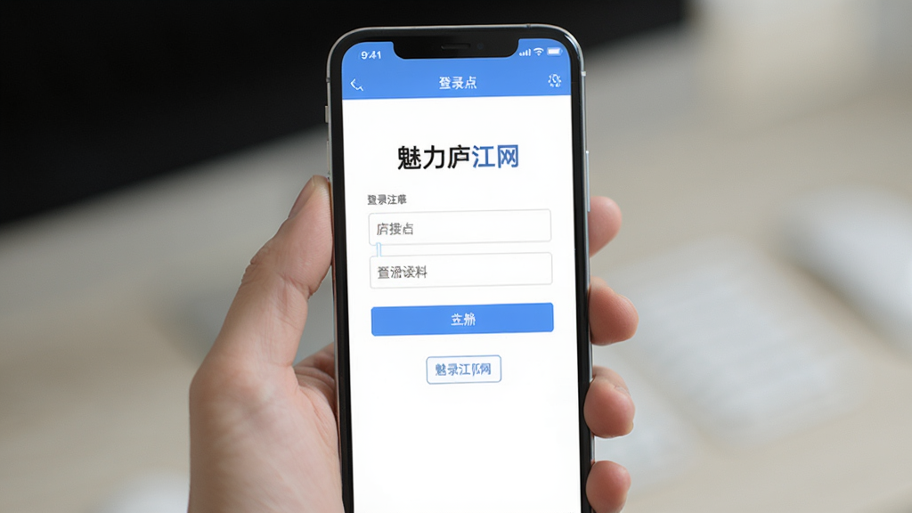 一张展示手机应用操作界面的图片,画面中一只手拿着手机,屏幕上显示“魅力庐江网”的登录注册页面,布局居中,风格简洁明亮,细节有输入框和按钮,画质清晰,干净,无多余元素