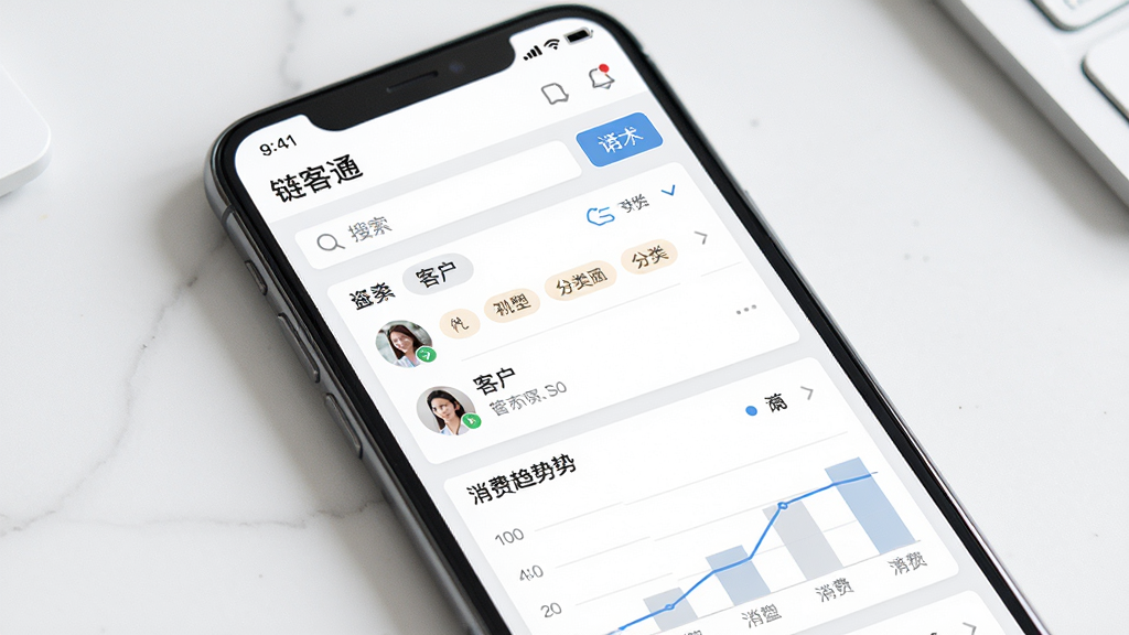 一张“链客通”客户资源管理界面,画面展示手机屏幕上的客户列表、标签分类和消费趋势图,配色以白色和浅灰为主,风格简约实用,细节包括搜索框、筛选按钮,画质高清,干净,无多余元素