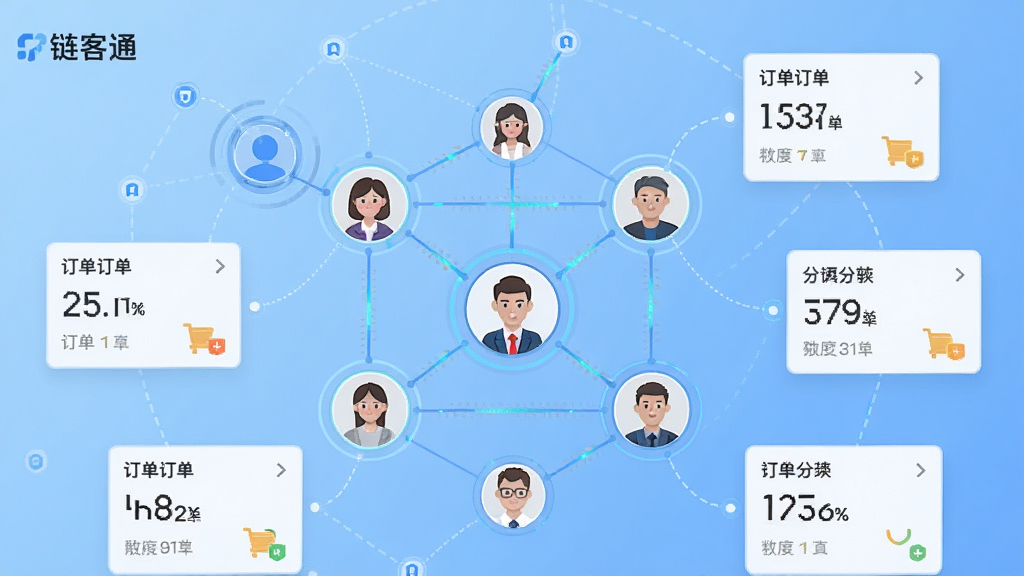 一张展示“链客通”联盟商家互联功能的界面图,画面中央是多个商家头像通过线条连接成网络状,周围环绕订单卡片和分润数字,背景为浅蓝色渐变,风格扁平化商务,细节包括连接动画感、数据标签,画质清晰,干净,无多余元素