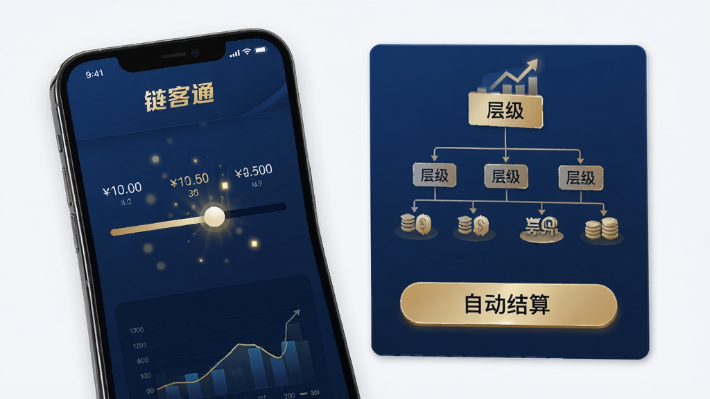 一张“链客通”智能分润系统的功能示意图,画面展示手机屏幕上的分润比例滑块、层级结构图和自动结算按钮,配色以深蓝和金色为主,风格专业金融感,细节包括数字跳动效果、图表标注,画质高清,干净,无多余元素