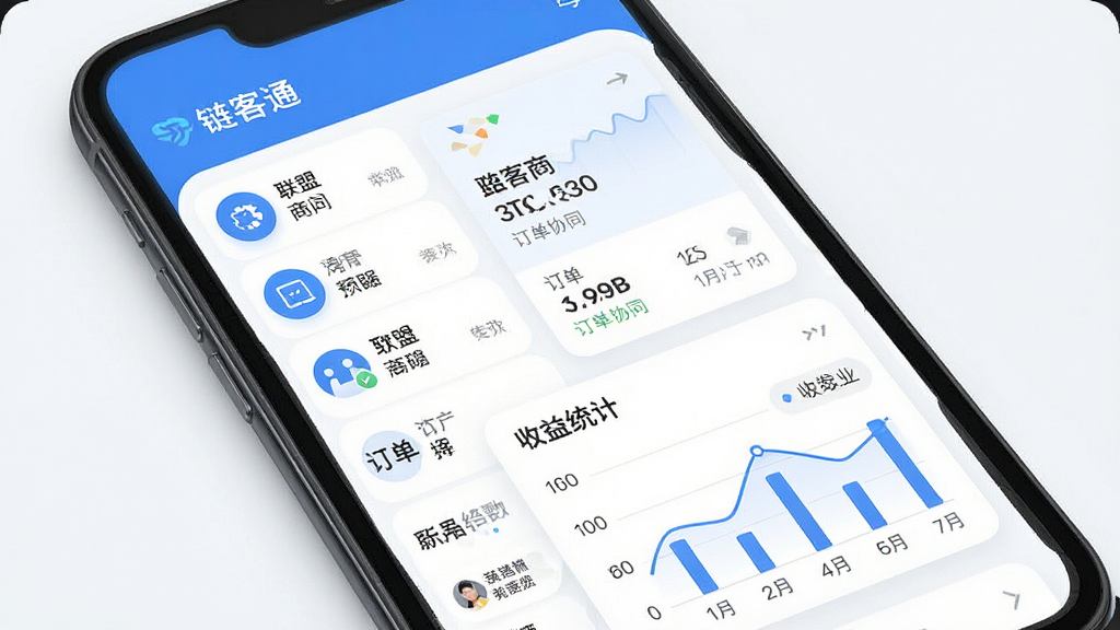 一张手机屏幕展示“链客通”应用主界面,界面包含联盟商家列表、订单协同卡片和收益统计图表,整体采用蓝白商务配色,布局清晰,风格简洁现代,细节包括图标圆润、数据可视化元素,画质高清,干净,无多余元素