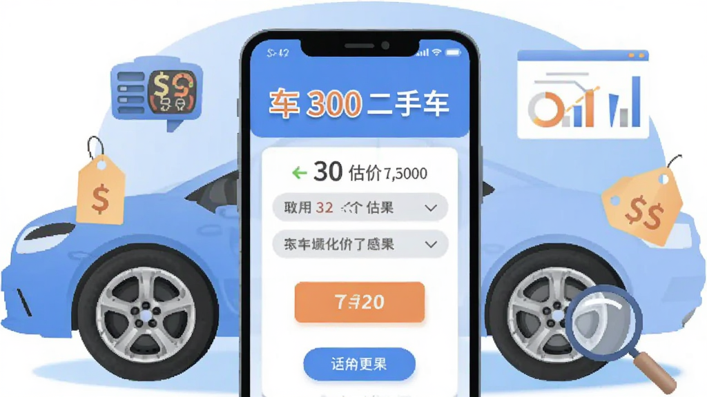 画面中央是一部智能手机,屏幕显示二手车估价结果页面,上方有