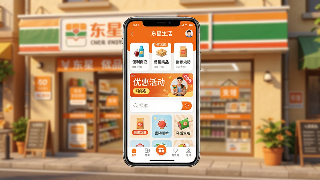 东星生活APP主界面展示,画面中央是手机屏幕,屏幕上显示东星生活APP的首页,包含便利店商品分类图标、优惠活动横幅、搜索栏和底部导航菜单。背景是温馨的社区街道,有便利店招牌。整体风格清新明亮,色彩以橙色和白色为主。细节包括商品图标、促销标签、用户头像等。画质清晰,干净整洁,无多余元素。