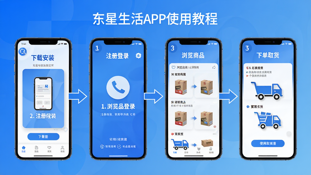 东星生活APP使用教程示意图,画面展示手机屏幕上的操作步骤,包括下载安装、注册登录、浏览商品、下单取货等。每一步都有箭头指示和文字说明。背景是简洁的蓝色渐变。整体风格清晰易懂,色彩以蓝色和白色为主。细节包括步骤编号、图标等。画质干净,无多余元素。