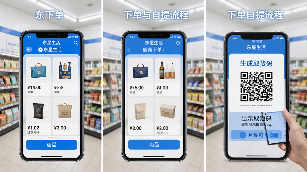 东星生活APP下单与自提流程展示,画面分为三部分:手机浏览商品并下单、生成取货码、到店出示取货码领取商品。背景是便利店内部场景。整体风格简洁明了,色彩以蓝色和白色为主。细节包括商品图片、价格、取货码二维码等。画质清晰,干净整洁。