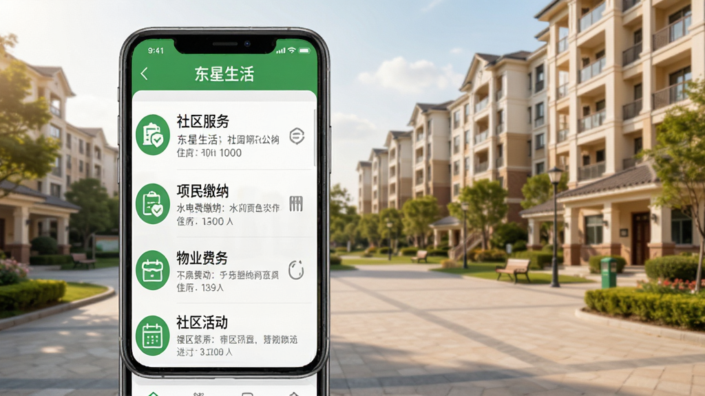 东星生活APP社区资讯与服务界面展示,手机屏幕上显示社区公告列表和便民服务图标,包括水电费缴纳、物业费、社区活动等。背景是社区广场和住宅楼。整体风格温馨,色彩以绿色和白色为主。细节包括公告标题、服务图标等。画质清晰,干净整洁。