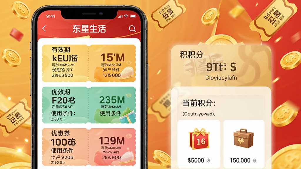 东星生活APP优惠券与积分界面展示,手机屏幕上显示优惠券列表和积分余额,优惠券有不同面额和颜色,积分区域显示当前积分和可兑换商品。背景有金币和优惠券飘落的效果。整体风格活泼,色彩以金色和红色为主。细节包括优惠券有效期、使用条件等。画质清晰,干净整洁。