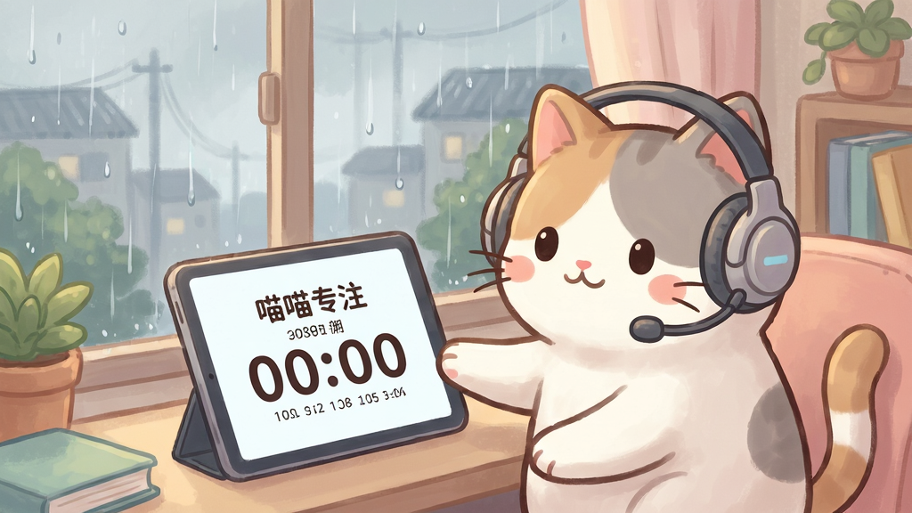 卡通猫咪戴着耳机坐在窗边,窗外下着细雨,桌上平板显示“喵喵专注”倒计时界面,画面风格为日系治愈插画,配色柔和,布局简洁,细节丰富,画质清晰,无多余装饰。