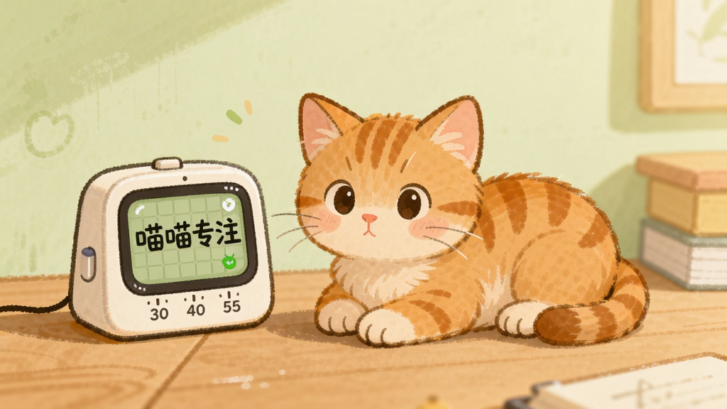 一只橘色小猫趴在木质书桌上,旁边放着计时器,屏幕上显示“喵喵专注”界面,背景是柔和的浅绿色墙面,画面采用温暖的手绘风格,主体突出,布局居中,细节精致,画质高清,干净无杂乱元素。