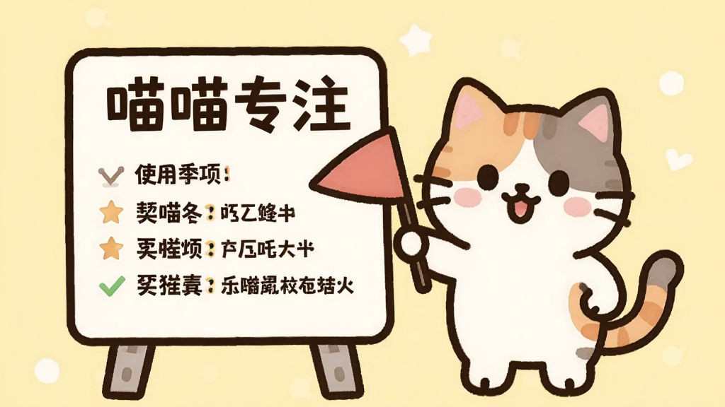 一只猫咪拿着小旗子站在写有“喵喵专注”的提示牌旁,牌子上列出几条使用注意事项,背景是简洁的浅黄色,画面采用卡通扁平风格,排版清晰,色彩柔和,画质干净,无多余元素。