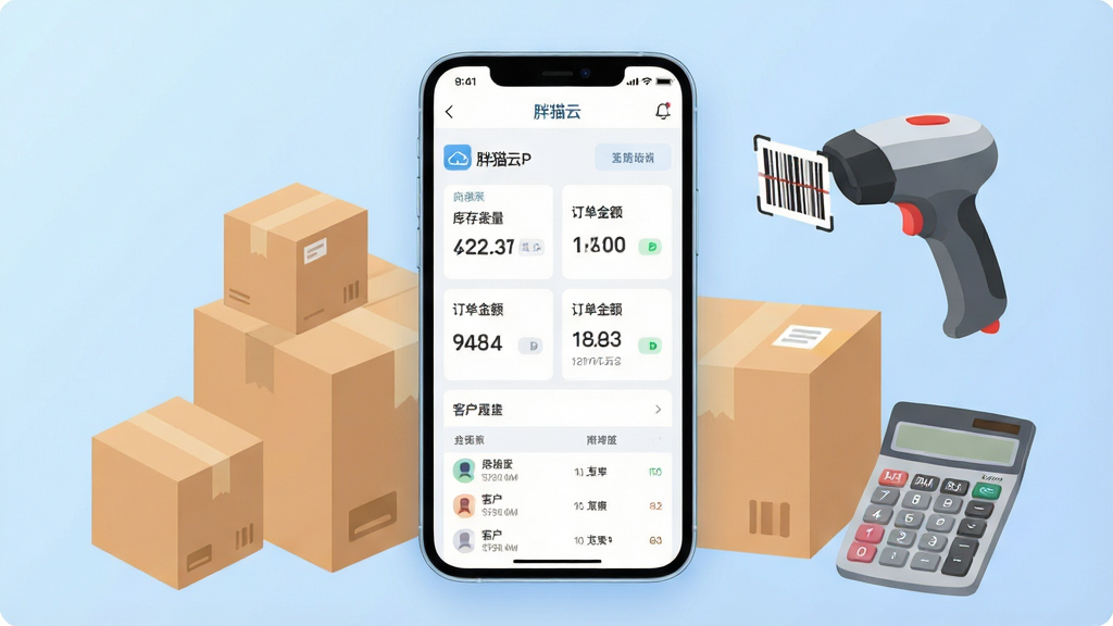 一张展示胖猫云移动端界面的产品全貌图,画面中央是一部竖屏智能手机,手机屏幕上显示胖猫云ERP的数据看板,包含库存数量、订单金额、客户列表等模块,手机周围环绕着商品纸箱、扫码枪、计算器等经营元素,整体布局居中对称,风格为现代扁平化科技风,细节上手机边框圆润,屏幕内文字清晰标注“胖猫云”,背景为浅蓝色渐变,画质干净清晰,无多余元素