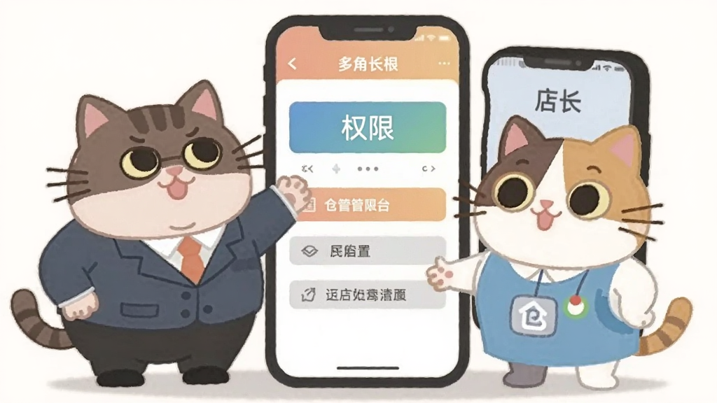 胖猫云多角色权限管理示意图,画面中有老板、店长、仓管三个卡通人物围绕手机,手机屏幕显示权限设置界面,风格扁平插画,色彩柔和,画质干净