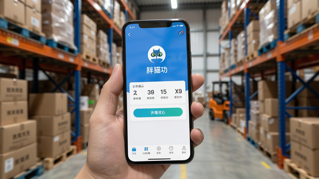 胖猫云安卓手机操作场景图,画面中一只手拿着手机,手机屏幕显示胖猫云开单成功页面,背景是仓库货架,风格写实,细节清晰,画质干净