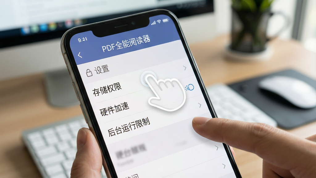 一张展示手机屏幕的图片,屏幕上“PDF全能阅读器”正显示设置菜单,菜单项包括“存储权限”“硬件加速”“后台运行限制”等,旁边有手指点击的示意。背景为模糊的办公桌面,风格实用教程,细节上菜单文字清晰,画质干净,无多余元素。