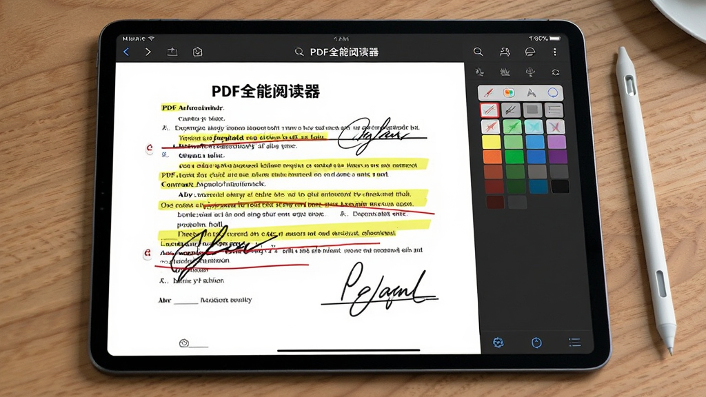 一张展示平板电脑屏幕的图片,屏幕上“PDF全能阅读器”正在显示一份合同文档,文档上有黄色高亮、红色下划线和手写签名,右侧工具栏展开显示批注颜色选项。平板放在木质桌面上,旁边有一支触控笔。整体布局为横向展示,风格专业办公,细节上批注线条流畅,画质清晰,干净,无多余元素。