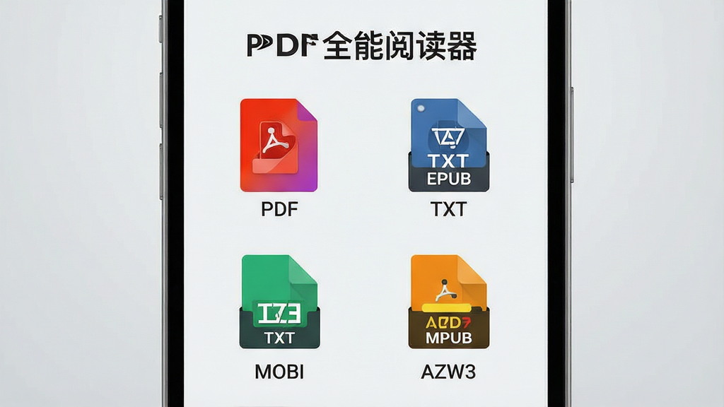 一张展示手机应用界面的图片,画面中央是“PDF全能阅读器”的格式支持列表,图标整齐排列,包括PDF、TXT、EPUB、MOBI、AZW3等,每个图标下方有对应的格式名称。背景为浅灰色渐变,图标采用扁平化设计,颜色明快。整体排版为两列网格,风格清新现代,细节上图标边缘锐利,画质清晰,干净,无多余元素。