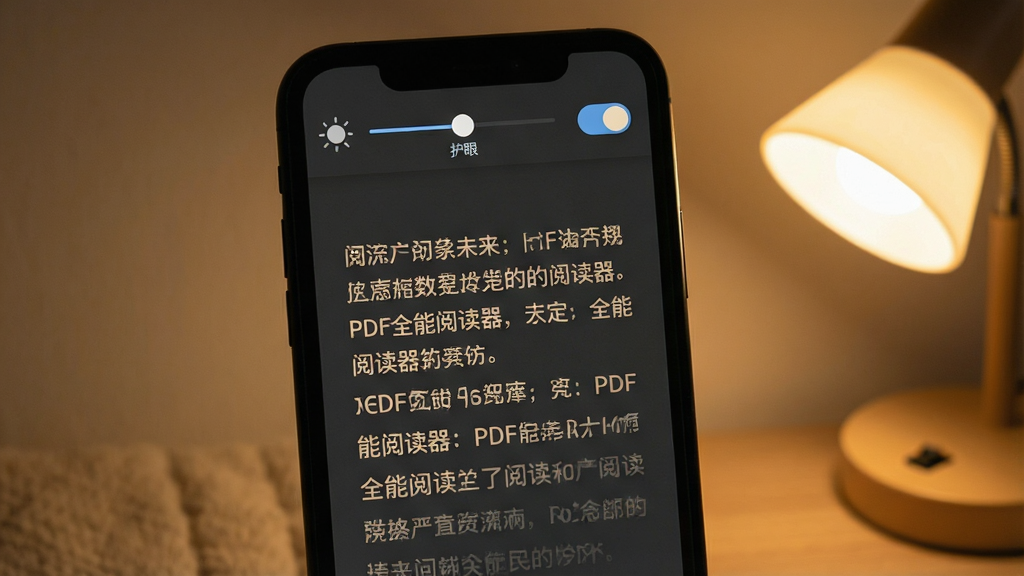一张展示手机屏幕的图片,屏幕中“PDF全能阅读器”正处于夜间阅读模式,背景为深灰色,文字为柔和的米白色,页面顶部有亮度调节滑块和护眼开关按钮。画面右侧有一盏小台灯发出暖光,营造舒适阅读氛围。整体布局以手机为中心,风格温馨安静,细节上文字清晰锐利,画质干净,无多余元素。