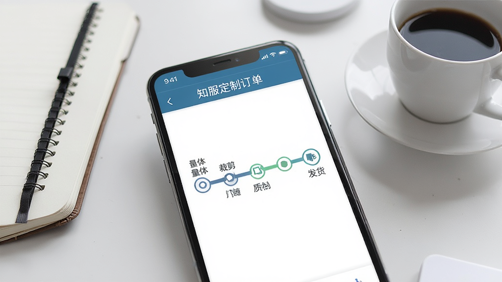 一张知服定制订单跟踪页面的手机截图风格图,画面中手机屏幕显示着订单进度条,包含量体、裁剪、缝制、质检、发货等节点,背景是简洁的办公桌,旁边有笔记本和咖啡杯,风格现代商务,细节清晰,画质干净,无多余元素。