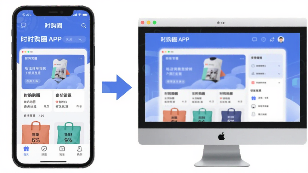 一张展示时购圈APP在手机和电脑模拟器上同时运行的图片,画面左侧为手机显示时购圈首页,右侧为电脑模拟器窗口显示相同界面,中间有连接箭头表示数据同步,布局为左右对比,风格为科技感扁平插画,细节包含设备图标和界面元素,画质清晰,干净,无多余元素