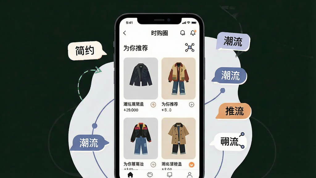 一张展示时购圈APP个性化推荐功能的图片,画面主体是一部手机,屏幕中显示“时购圈”APP的推荐页面,页面上有不同风格的服饰搭配卡片和“为你推荐”字样,手机旁边有风格标签如“简约”“潮流”等悬浮元素,布局为手机居中,周围元素环绕,风格为扁平化插画,细节包含商品缩略图和推荐算法图标,画质清晰,干净,无多余元素