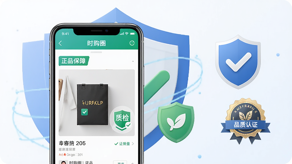 一张展示时购圈APP品质保障功能的图片,画面中央是手机屏幕,显示“时购圈”商品详情页,页面中有“正品保障”标签和质检图标,手机背后是盾牌和勾选标记的图形元素,布局为手机偏左,右侧为品质认证图标,风格为简洁商务风,细节包含商品图片和认证徽章,画质清晰,干净,无多余元素