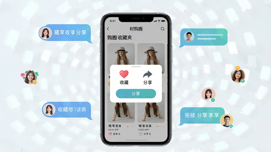 一张展示时购圈APP收藏与分享功能的图片,画面中央是手机屏幕,显示“时购圈”收藏夹页面和分享弹窗,有爱心收藏图标和分享箭头,手机周围有社交聊天气泡和好友头像元素,布局为手机居中,社交元素环绕,风格为清新浅色,细节包含商品卡片和分享按钮,画质清晰,干净,无多余元素