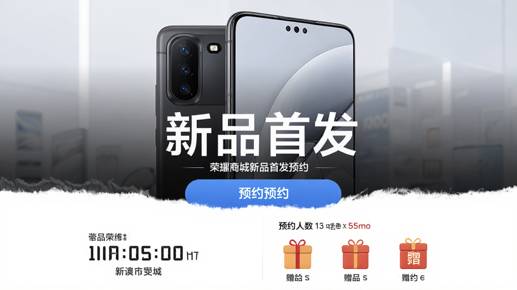 一张荣耀商城新品首发预约页面展示图,画面主体为荣耀最新款手机产品图,布局为上方产品大图下方预约按钮,排版突出“新品首发”字样,风格为科技时尚风,细节包括倒计时、预约人数、赠品图标,画质高清干净,无多余元素