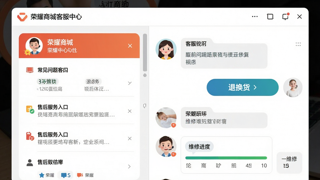 一张荣耀商城客服中心界面展示图,画面主体为在线客服对话窗口与售后服务入口,布局为左右分栏,排版左侧常见问题列表右侧客服对话,风格为友好亲和风,细节包括客服头像、退换货按钮、维修进度条,画质高清干净,无多余元素