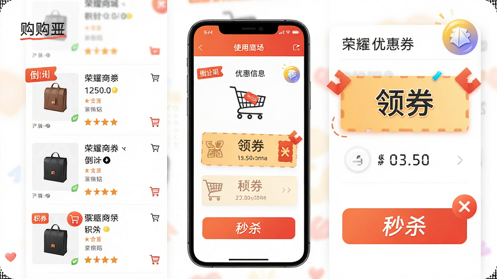 一张荣耀商城使用技巧示意图,画面主体为手机屏幕展示购物车与优惠券领取页面,布局为左右分屏左侧商品列表右侧优惠信息,排版突出“领券”和“秒杀”按钮,风格为活泼电商风,细节包括倒计时标签、积分图标、购物车角标,画质高清干净,无多余元素