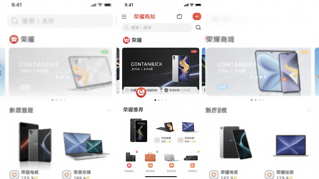 一张荣耀商城APP首页界面展示图,画面中央是荣耀品牌Logo和商城首页推荐商品,主体为智能手机屏幕,布局为竖版APP截图样式,排版清晰展示顶部搜索栏、中部轮播banner和下方商品分类图标,风格为现代简约科技感,细节包括手机、平板、笔记本等产品缩略图,画质高清干净,无多余元素