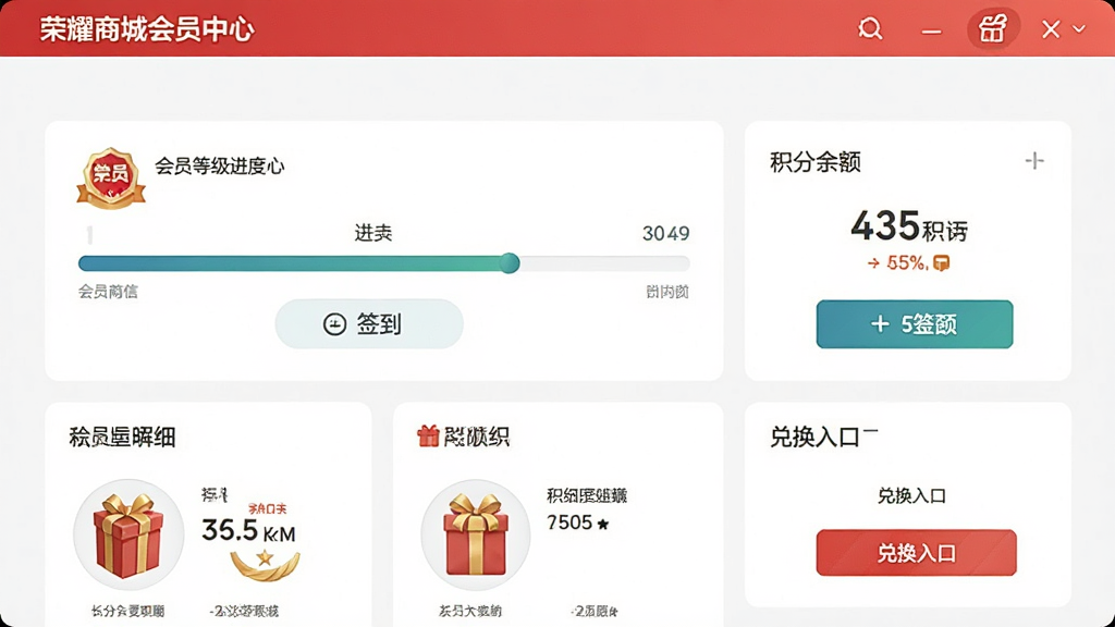 一张荣耀商城会员中心页面截图,画面主体为会员等级进度条与积分余额展示,布局为卡片式信息排列,排版清晰展示签到按钮、积分明细、兑换入口,风格为清新简约风,细节包括会员徽章、积分数字、礼品缩略图,画质高清干净,无多余元素