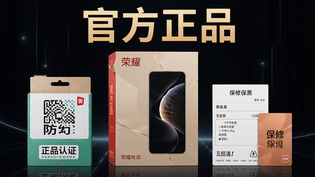 一张展示荣耀商城正品保障功能的宣传图,画面主体为荣耀手机包装盒与正品认证标识,布局为居中构图,排版上方放置“官方正品”文字,风格为商务科技风,细节包括防伪标签、发票、保修卡等元素,画质高清干净,无多余元素