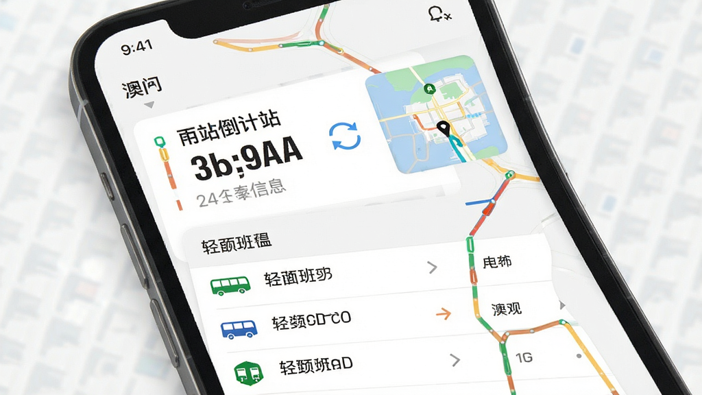 一张展示澳门出行APP实时交通信息功能的界面示意图,主体为手机屏幕显示巴士到站倒计时和轻轨班次列表,布局采用上下分栏排版,风格为清爽简约的移动端UI设计,细节包括彩色路线标识、动态刷新图标和地图小窗,画质清晰,干净无杂乱元素。
