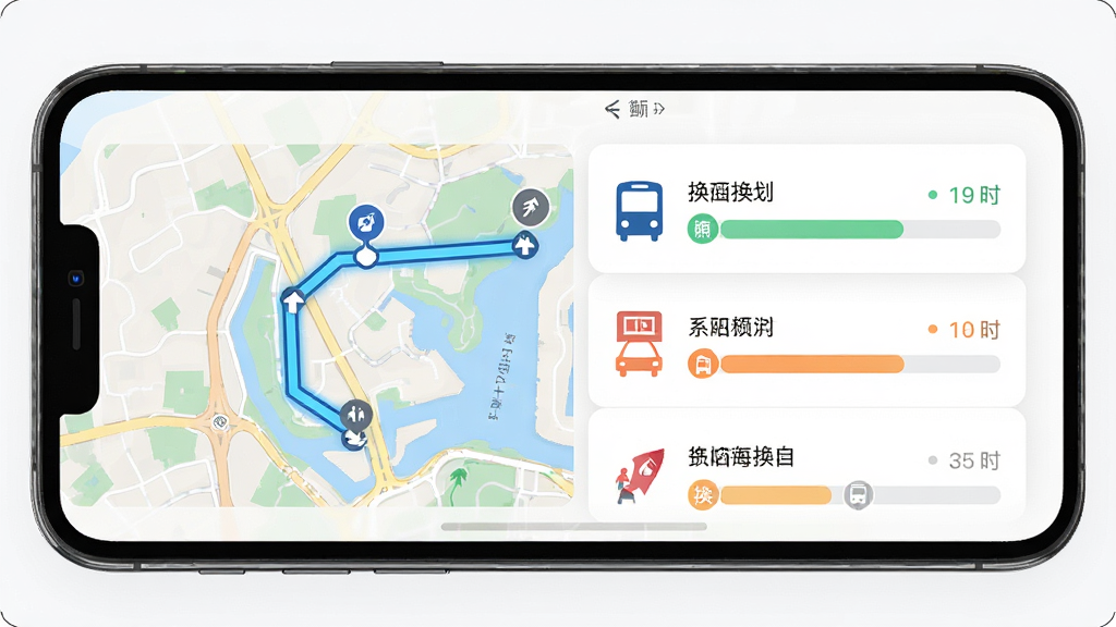 一张展示澳门出行APP智能路线规划功能的场景图,画面为手机屏幕显示从大三巴到仔的路线方案对比,主体包含多种交通方式图标和耗时条,布局采用卡片式列表排版,风格为现代扁平化设计,细节包括地图路径高亮、换乘节点标记,画质高清,干净整洁。