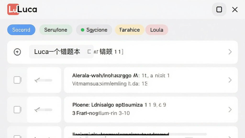 Luca应用内错题本界面截图,展示分类标签与题目列表,带有