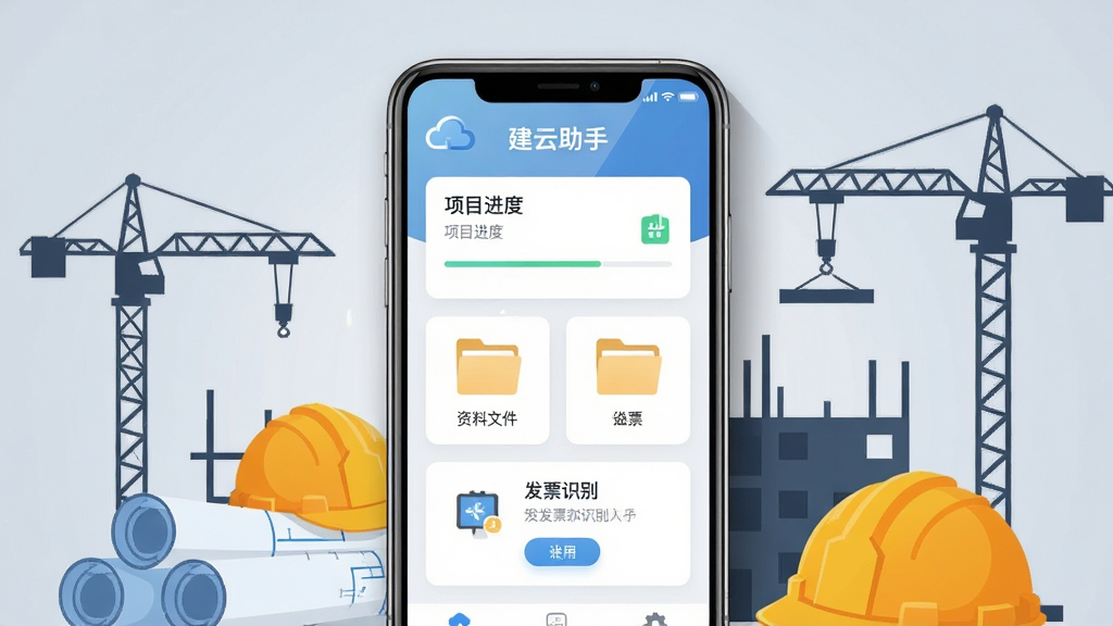 画面中央展示一部智能手机,手机屏幕上显示“建云助手”应用主界面,界面包含项目进度卡片、资料文件夹图标和发票识别入口,手机周围环绕建筑工地元素如安全帽、图纸、塔吊剪影,布局采用居中对称构图,风格为现代扁平化科技风,细节上手机有轻微阴影和反光,背景为浅灰蓝色渐变,画质清晰干净,无多余元素