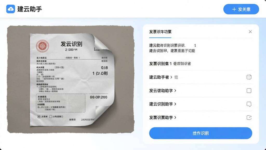 画面中央展示“建云助手”应用界面中发票识别功能的操作截图,左侧为一张发票照片,右侧为识别出的文字信息列表,布局采用左右分栏对比,风格为清爽商务风,细节上发票有轻微卷角,界面按钮为蓝色圆角,背景为白色到浅蓝渐变,画质干净清晰,无多余元素