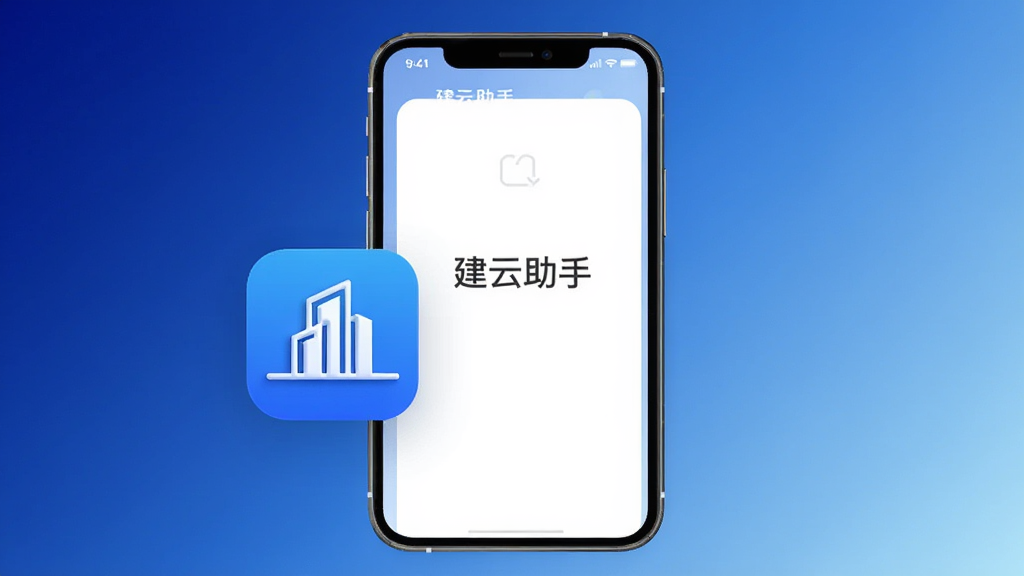 画面中央展示“建云助手”应用安装完成后的手机桌面图标与打开后的启动页,图标为蓝色底白色建筑轮廓,启动页显示“建云助手”文字,布局采用居中展示,风格为极简科技风,细节上图标有轻微立体感,背景为深蓝到浅蓝渐变,画质清晰干净,无多余元素